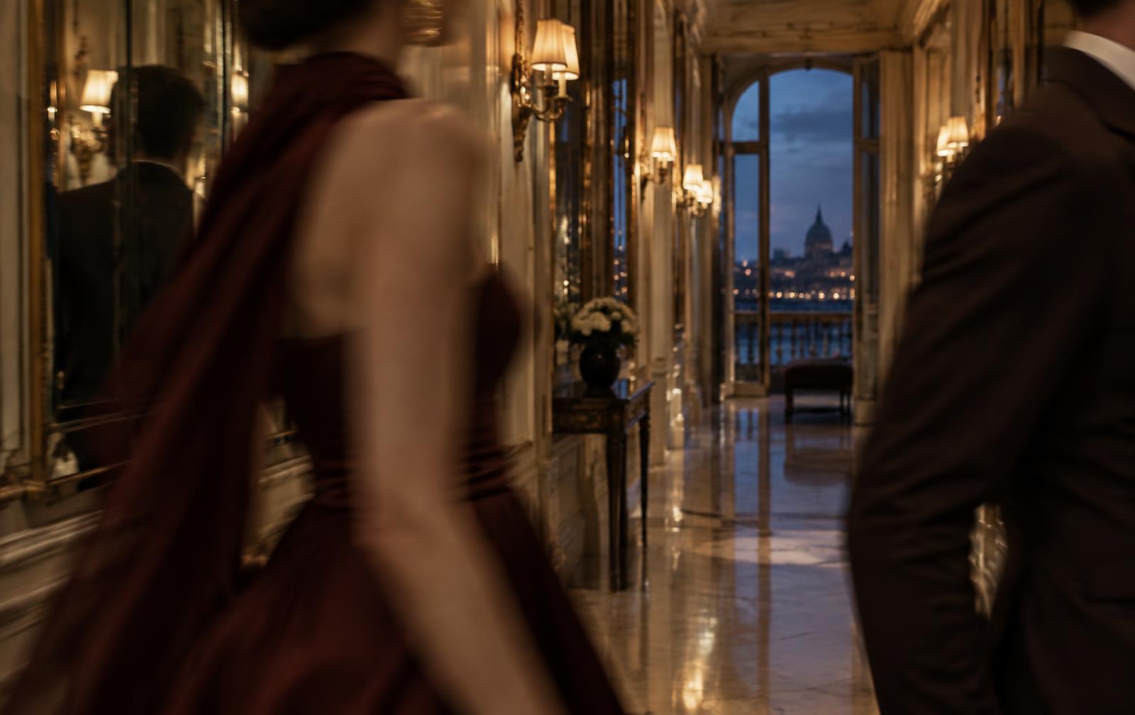 Two figures passing in the mirrored corridor of a private European hotel.