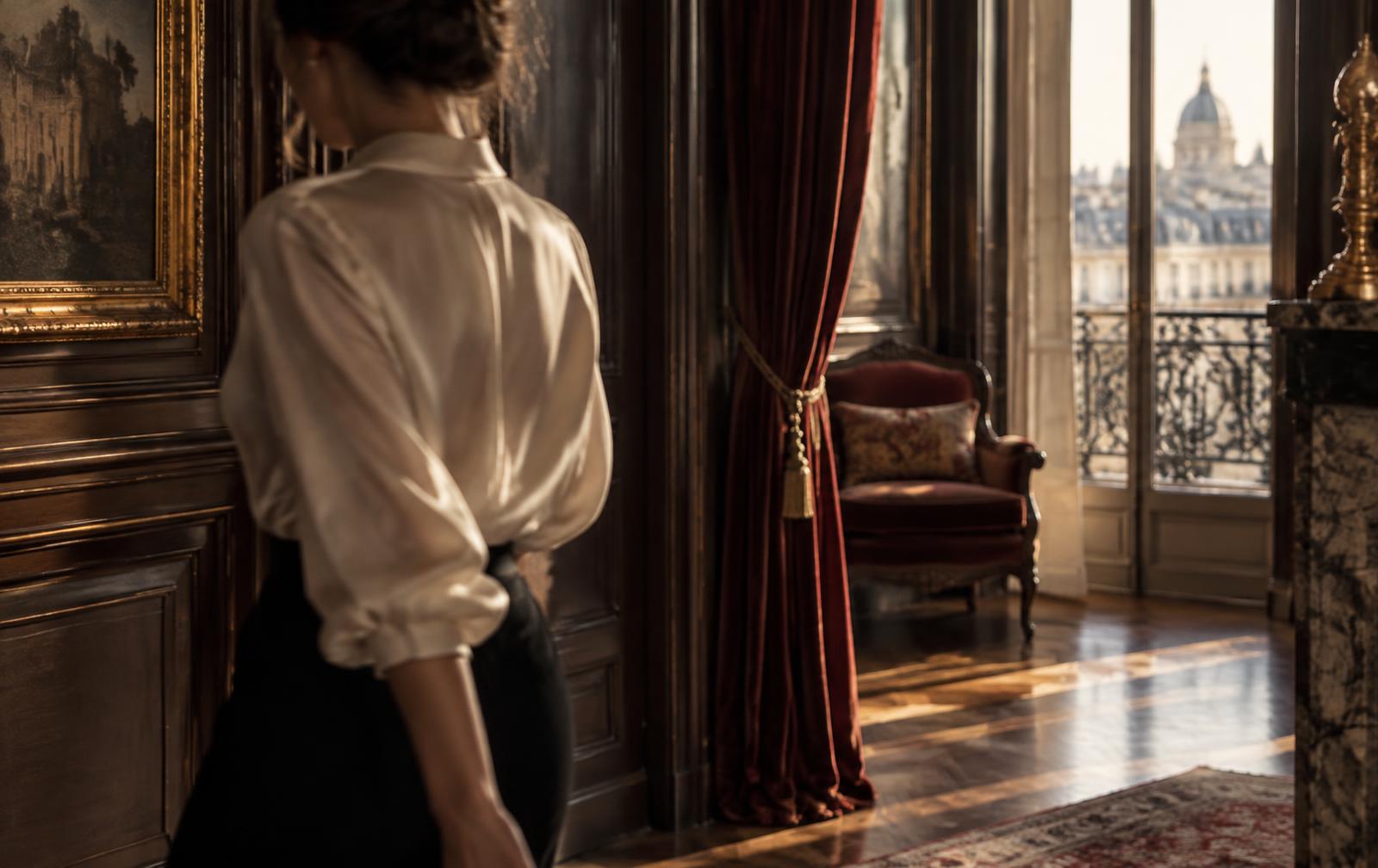 A woman crossing a private European apartment in cinematic afternoon light.