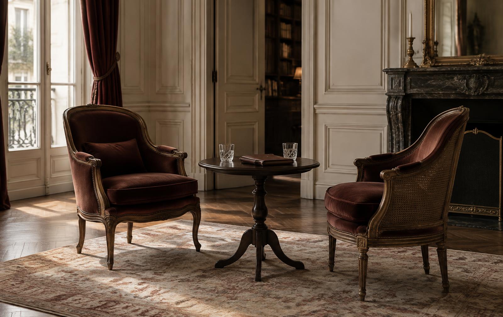 Two oxblood chairs prepared for a private conversation in a European salon.