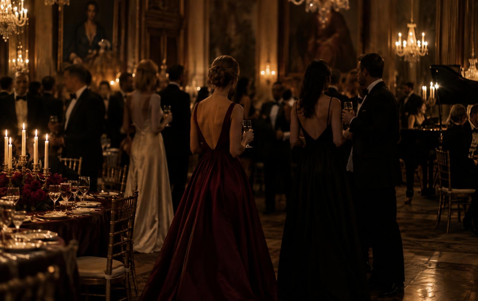 Guests in evening dress at a candlelit private gala, seen from behind in soft shadow.